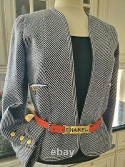 Auth. Very Rare Vintage Chanel Jacket Black/white With Red Leather Logo Belt 38