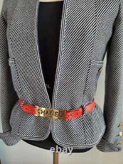 Auth. Very Rare Vintage Chanel Jacket Black/white With Red Leather Logo Belt 38