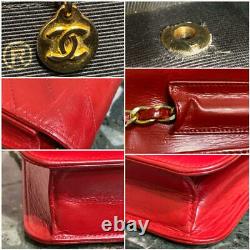 Auth Vintage CHANEL HANDBAG Red Leather Matelasse Chevron Shoulder Chain Gold