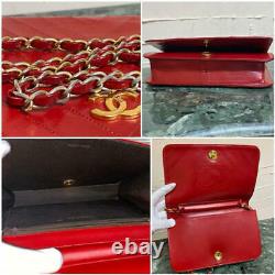 Auth Vintage CHANEL HANDBAG Red Leather Matelasse Chevron Shoulder Chain Gold