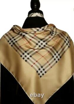 Authentic Burberry Silk Beige Red Vintage Plaid Scarf Scarves Shawl 30 Square