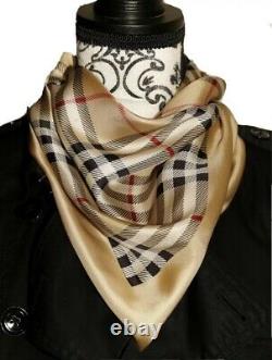 Authentic Burberry Silk Beige Red Vintage Plaid Scarf Scarves Shawl 30 Square