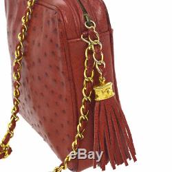 Authentic CHANEL CC Fringe Chain Shoulder Bag Red Ostrich Skin GHW VTG JT07348