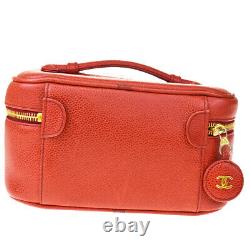 Authentic CHANEL CC Logo Vanity Hand Bag Caviar Leather Red Vintage 77MD239