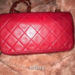 Authentic CHANEL GHW Red Lambskin Quilted Vintage Mini Shoulder Bag Red Small