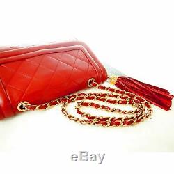 Authentic Chanel Red Quilted Lambskin Vintage Tassel Camera Shoulder Bag