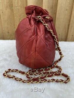 Authentic Chanel Vintage Quilted Mini Drawstring Bag In Red (ghw)