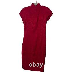 Authentics Vintage Womens Cheongsam Dress Size 6 Red Pure Silk Cap Sleeve Midi