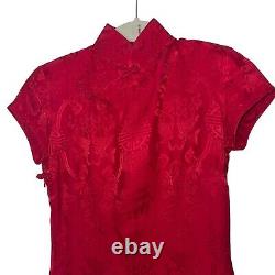 Authentics Vintage Womens Cheongsam Dress Size 6 Red Pure Silk Cap Sleeve Midi