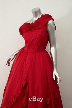 BALENCIAGAVINTAGERed Rosette Ruffle Tulle One-Shoulder Ball Gown Long Dress XS