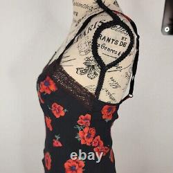 Betsey Johnson Midi Slip Dress SZ P Vintage Y2K Black Red Floral Lace Trim Slit