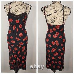 Betsey Johnson Midi Slip Dress SZ P Vintage Y2K Black Red Floral Lace Trim Slit