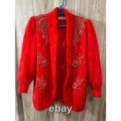 Big Star Womens XL Angora Fuzzy Vintage Red Sweater Jacket Pearl Beads READ