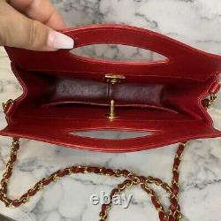 CHANEL 1990 RARE Vintage Red Lambskin Mini Rue Cambon 31 Cut Out Bag Gold Chain