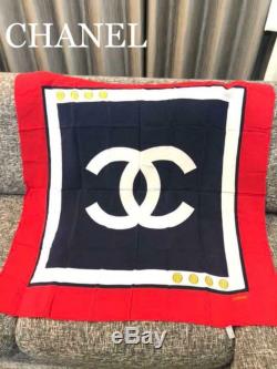 CHANEL Authentic Vintage Scarf Red White Navy Silk 100% CC LOGO Made in Italy