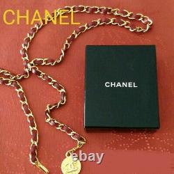 CHANEL Belt Chain AUTH Coco Mark Logo Red Leather Gold L 98CM Vintage Rare F/S