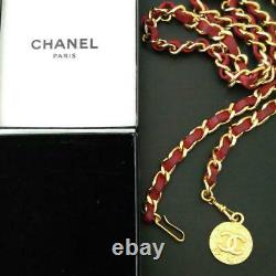 CHANEL Belt Chain AUTH Coco Mark Logo Red Leather Gold L 98CM Vintage Rare F/S