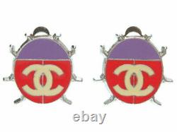CHANEL CC Logos Ladybug Dangle Earrings 04P Purple Red Silver Vintage Ex++