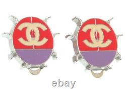 CHANEL CC Logos Ladybug Dangle Earrings 04P Purple Red Silver Vintage Ex++