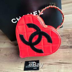 CHANEL Heart Vanity Hand Bag CC chain Red Enamel Patent Leather Vintage