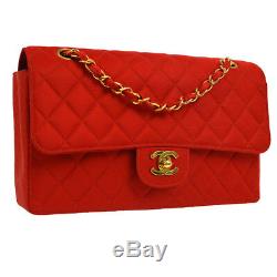 CHANEL Quilted CC Double Chain Shoulder Bag Red Satin Vintage G03695j