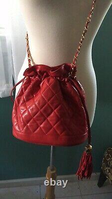 CHANEL Vintage CC Tassel Red Quilted Bucket Bag