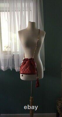 CHANEL Vintage CC Tassel Red Quilted Bucket Bag