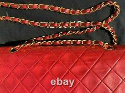 CHANEL Vintage Classic Medium Double Flap Chain Shoulder Bag Red Leather