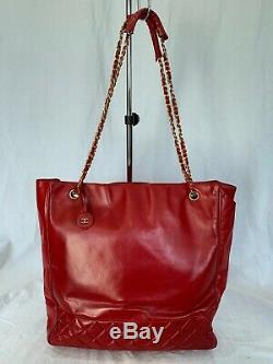 CHANEL Vintage Classic Quilted Red Leather Chain Link Tote Shoulder Bag Purse