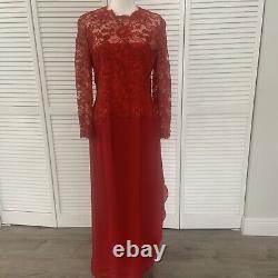 Carolina Herrera Vintage Womens Long Sleeve Red Lace And Chiffon Gown Size Med