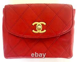 Chanel CC Logo Red Leather Belt Waist Bum Bag Purse Handbag Fits 30 27