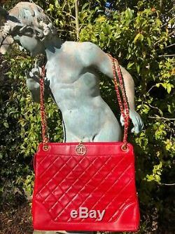 Chanel Vintage Quilted Red Lambskin Leather Shopping Bag with Gold Hardware