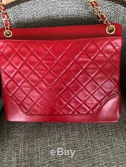 Chanel Vintage Quilted Red Lambskin Leather Shopping Bag with Gold Hardware