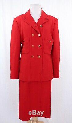 Chanel Vintage Red Tweed Skirt Jacket Suit CC Logo Lined Gold Buttons Sz 44