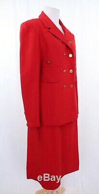 Chanel Vintage Red Tweed Skirt Jacket Suit CC Logo Lined Gold Buttons Sz 44
