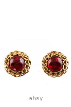 Chanel Womens Gold Tone Vintage Large Woven Red Gripoix Clip On Earrings
