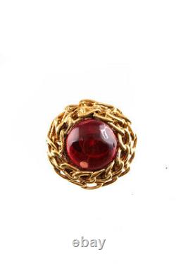 Chanel Womens Gold Tone Vintage Large Woven Red Gripoix Clip On Earrings