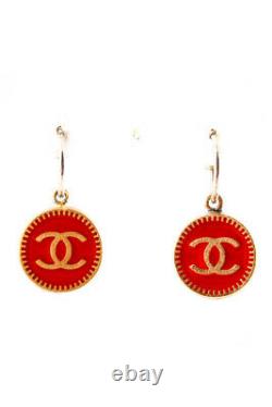Chanel Womens Vintage Gold Tone Round Enamel CC Drop Huggie Earrings Gold Red