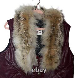 Char & Sher Designs Vintage Womens Leather Vest Size 38 Dark Red Fur Collar