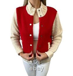 Courreges Vintage Logo Knit Jacket Snap Button Sweater #38 Wool Ivory Red RankAB