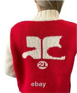 Courreges Vintage Logo Knit Jacket Snap Button Sweater #38 Wool Ivory Red RankAB