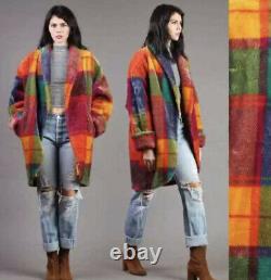 Donnybrook Small Vintage 1970 Rainbow Plaid Oversized Faux Fur Coat USA Multi L