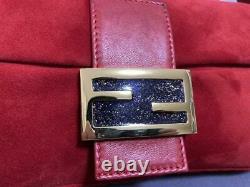 FENDI Logo Mamma Baguette Handbag Shoulder Bag Suede Leather Red RankAB Vintage