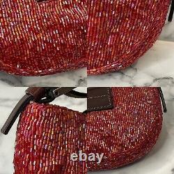 FENDI RARE Vintage Red Beaded Micro Mini & Brown Leather Logo Croissant Bag