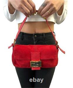 FENDI Vintage Logo Mamma Baguette Handbag Shoulder Bag Suede Leather Red RankAB