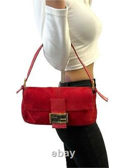 FENDI Vintage Logo Mamma Baguette Handbag Shoulder Bag Suede Leather Red RankAB