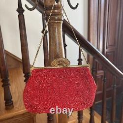 Frances Hirsh Vintage Red Beaded Evening Handbag Enamel Clasp Rare Belgium
