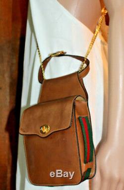 GUCCI Brown Green Red Stripe Leather Crossbody Wistlet Belt Bag Purse Vintage