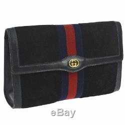 GUCCI PARFUMS Shelly Line Clutch Hand Bag Navy Suede Leather Vintage M14255