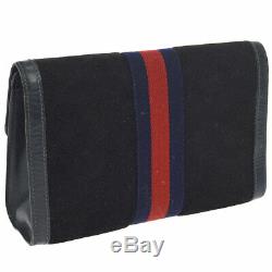 GUCCI PARFUMS Shelly Line Clutch Hand Bag Navy Suede Leather Vintage M14255